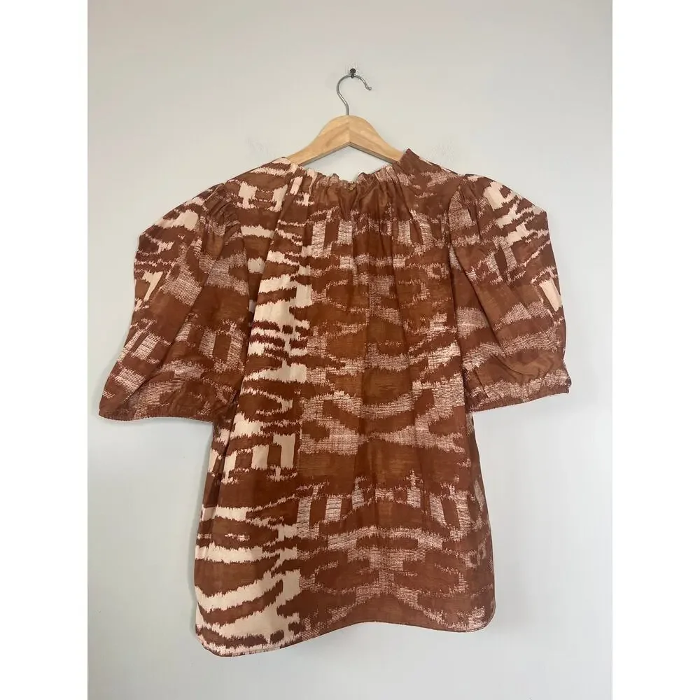 NWT Ulla Johnson Multi Neema Fawn Tige Puffed Short Sleeve Blouse Brown Size: 8